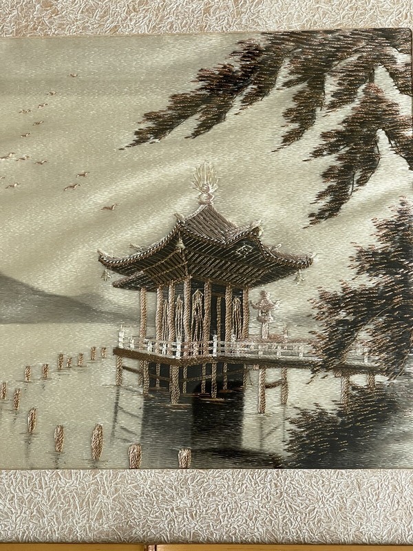 Vintage Japanese Silk Embroidery Crewel Stitched Lake Tree House Framed 16x12” gallery