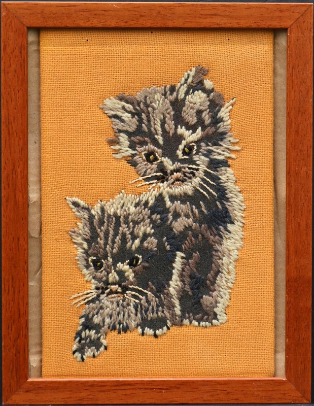 Kitten original animalistic artwork embroidery tapestry needlework framed