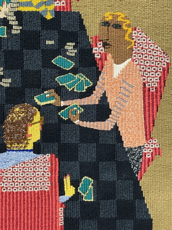Susan Martin Maffei "The Card Players" Handwoven Tapestry Woolwork Framed 41x38" gallery