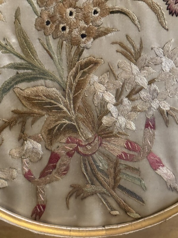 Antique Circa 1800 Silk Floral Embroidery in Water Gilt Frame gallery