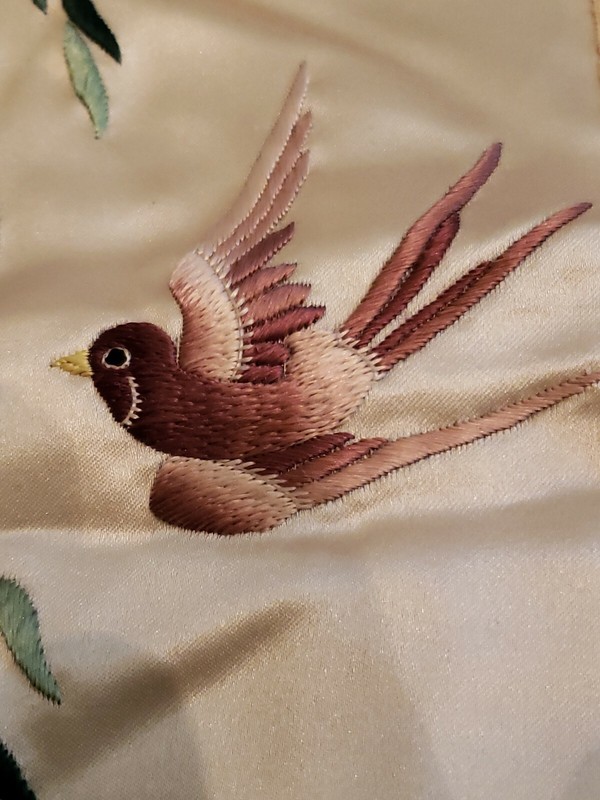 Chinese Silk Rayon Embroidered Tapestry Art Tan Bird Leaves gallery