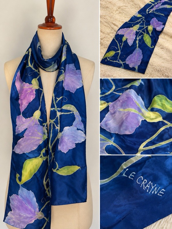 Hand Painted Silk Batik Scarf Le Crayne Sweet Pea Floral Signed Art Textile Wear