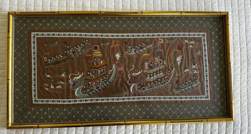 Vintage Professionally Framed Painted Bamboo Like Wood All Silk Asian Tapestry