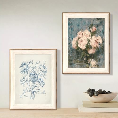 Framed Vintage Wall Art for Bathroom, Botanical Blue 16"L x 12"W Blue flower gallery