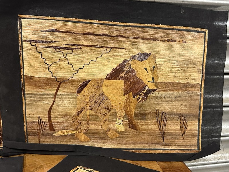 Set of 4 Vintage African Banana Leaf Marquetry Inlay Pictures, African Animals gallery