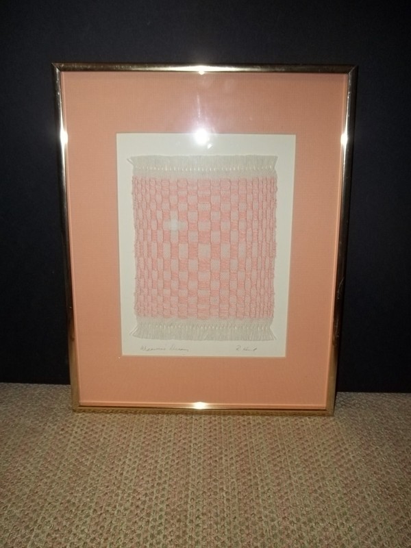 Signed Titled «Weavers Dream» Small Weave Art Peach & White Professionally Frame