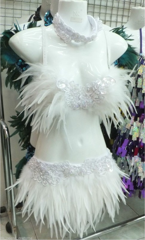 EVITA FTRW Feather Dance Drag Bra Skirt Bra Belt White Swan Costume Set XS-XL