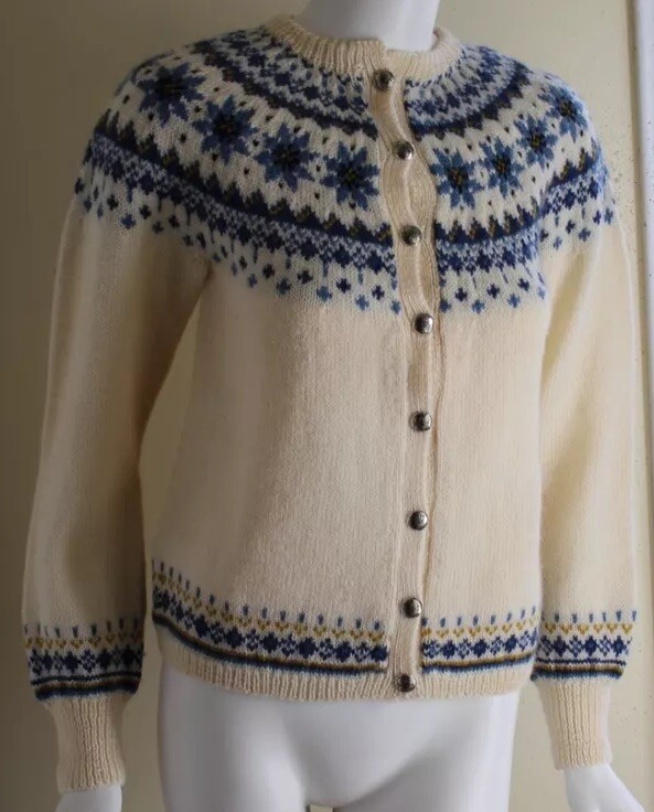 Vintage Women's Blue Nordic Norwegian Fine Fair-Isle Cardigan Sweater Sz S M