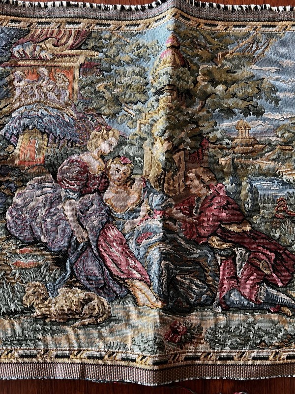 Vintage French Tapestry Square Seated Pastoral Man & Women France 80% Cotton gallery