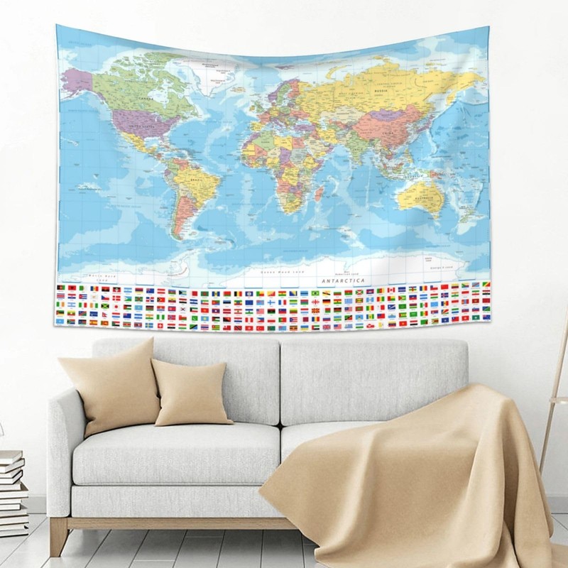 MOUNDHONG World Map Flag Tapestry Wall Hanging, Art Tapestry Retro Wall Art L... gallery