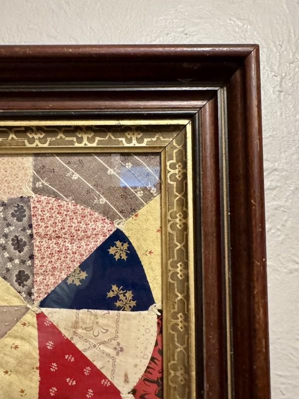 Antique 1800s Walnut Frame w/ Early 1900s Patchwork Quilt Square Textile Art gallery