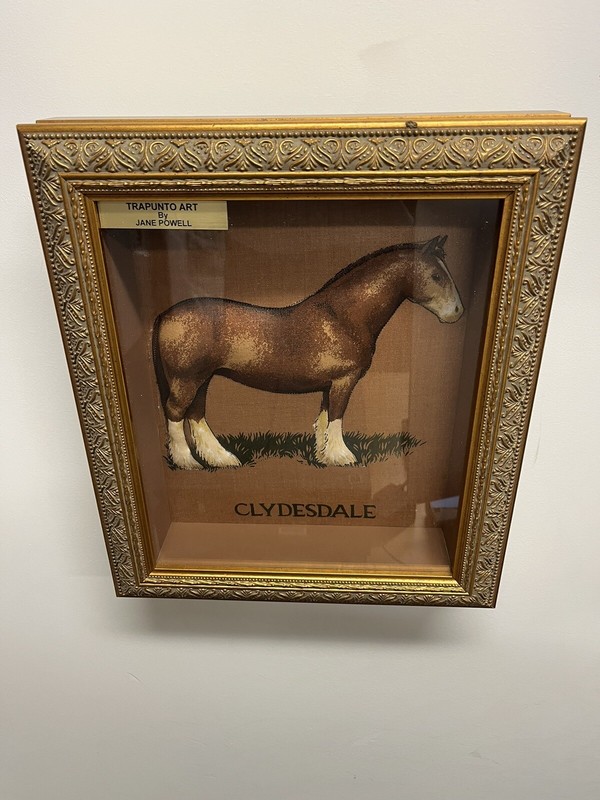 Vintage Framed Trapunto Fabric Art «Clydesdale” Horse Glass Frame