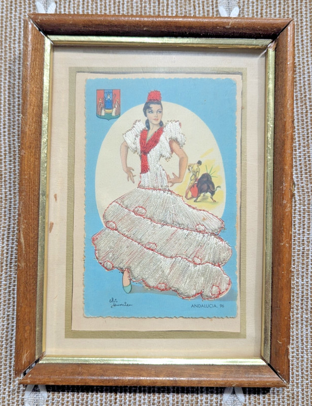 Vtg Framed Andalusia Spain Postcard Needlework Woman in Dress 5.5×8 Wall Art