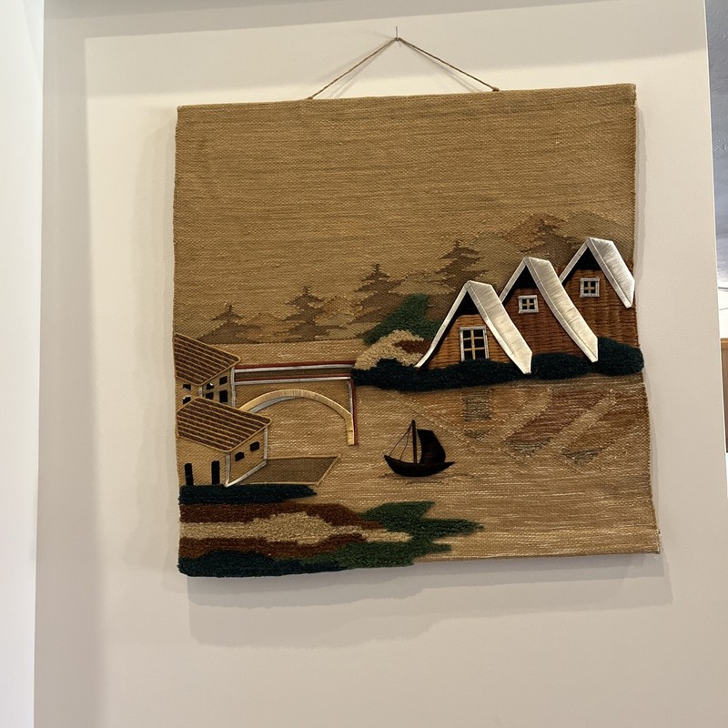 Don Freedman Style Wall Hanging Art Boho Folk MCM Textile Landscape Home Boat