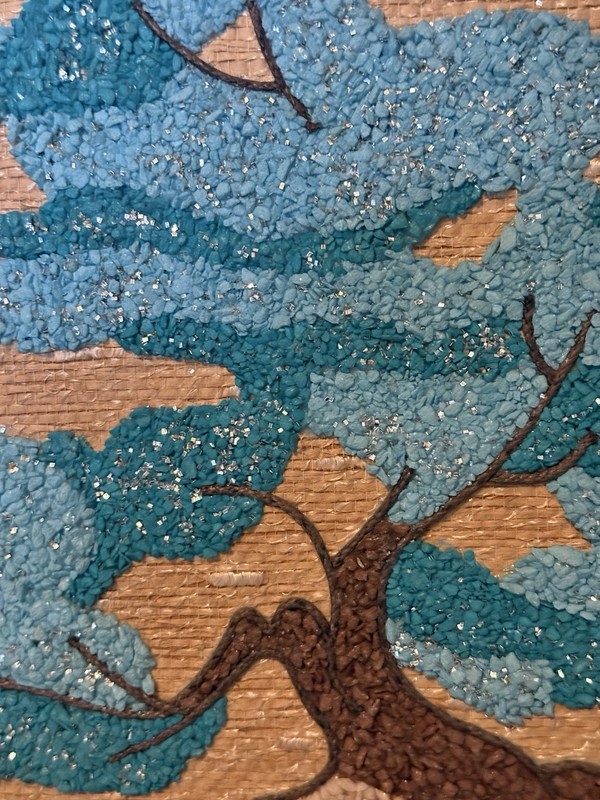 MCM MID-CENTURY MODERN Pebble Gravel Art Asian Landscape on Burlap Pagoda FRAMED gallery