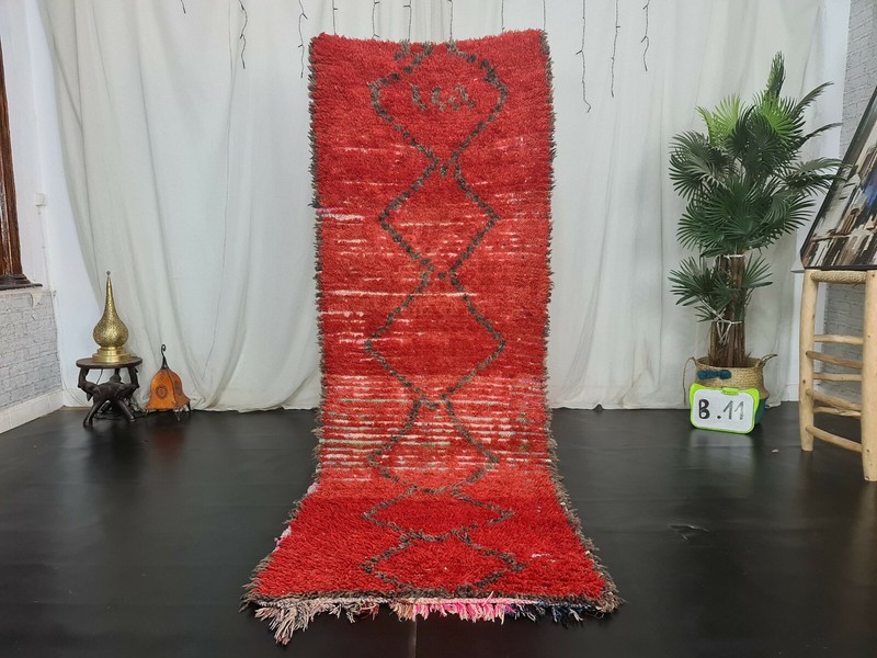 Handmade Moroccan Vintage Runner Rug 2’9×7’9 Berber Geometric Red Brown Wool Rug