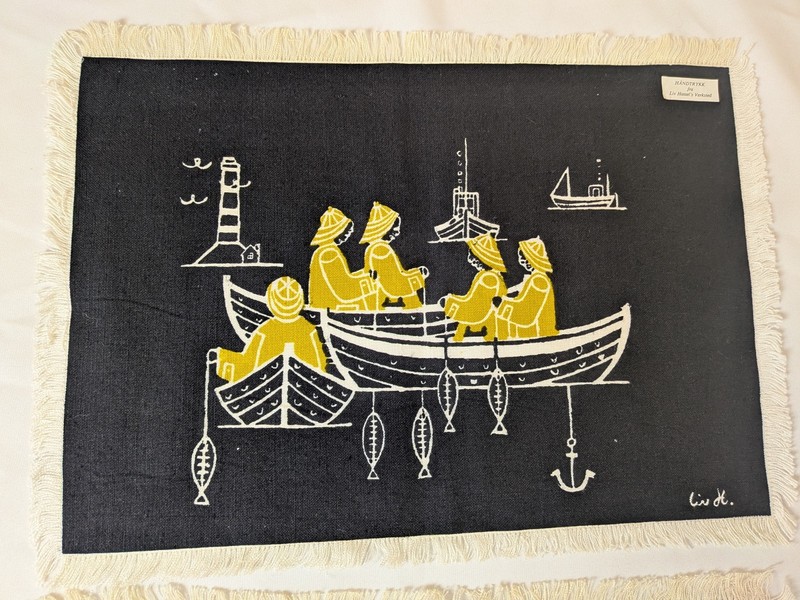 Vintage Liv Hassel Textile Art Yellow Black MCM Scandinavian Fishermen Folk Set gallery
