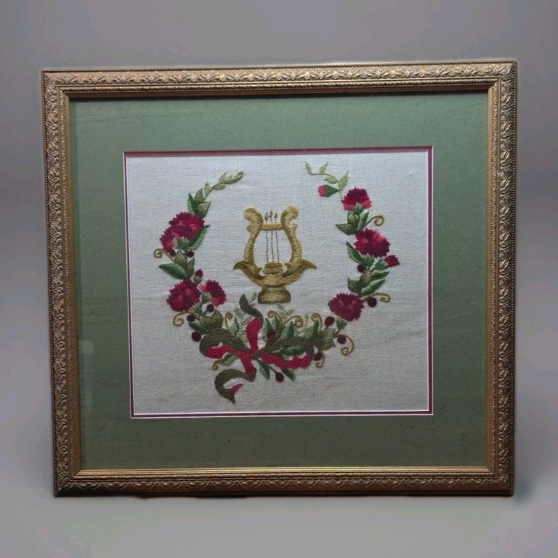 Vintage Handmade Primitive Embroidered Floral Pink Roses Carved Wood Frame 20×20