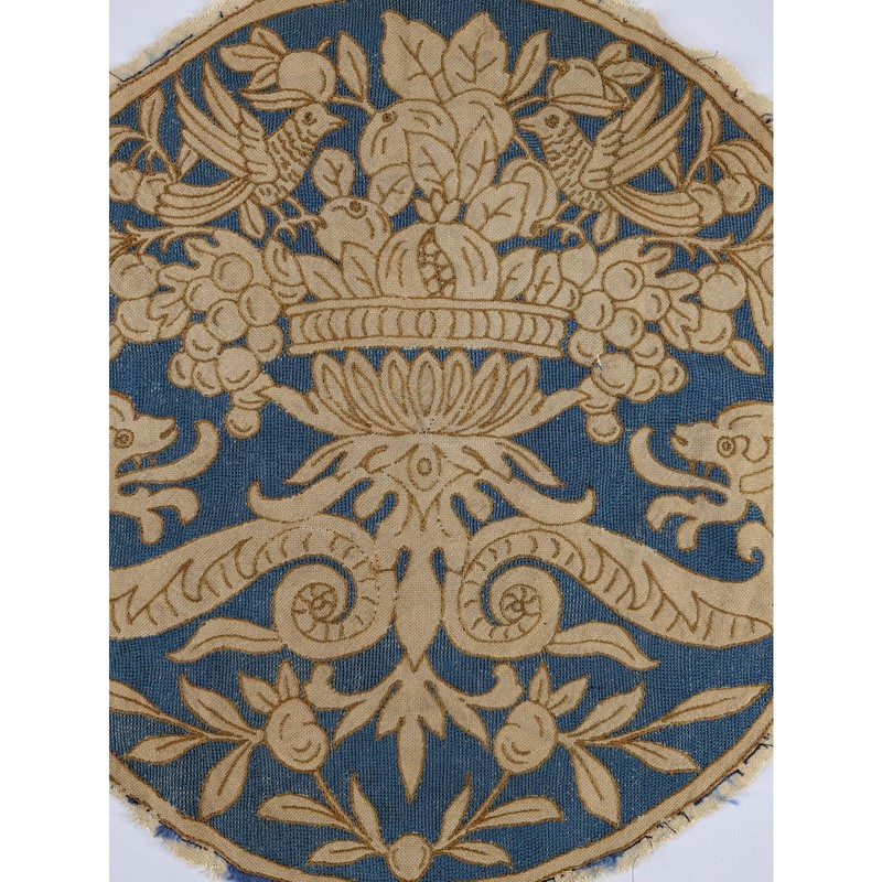 Antique Assasi Italian Floral Bird Embroidered Textile Panel 48x47cm gallery