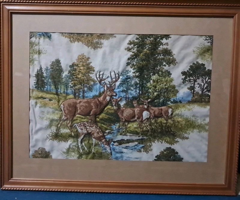 VINTAGE RAISED FABRIC DEER SCENE FRAMED ART WALL HANGING 25X20
