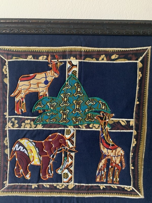 Antique Rare African Art Embroidered Fabric Wall Animals Handmade Custom Framed gallery