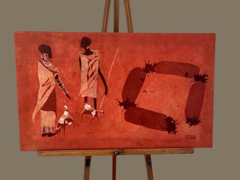 Maasai Kenya African Tribal Batik of Goat Herders Wall HANGING by Babo 30" x 18"