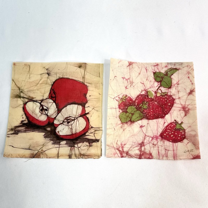 Handmade Batik Fabric Fruit Apple Strawberry Artist Signed Lange Square 7”x7.5”