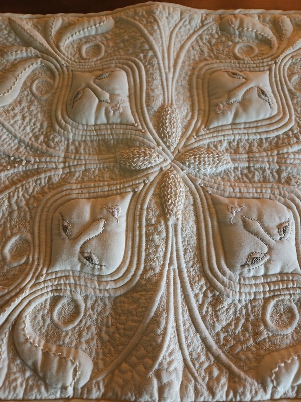 1982 Elizabeth Gurrier Trapunto Textile Fiber Fabric Art Wall Banner 46" x 16" gallery