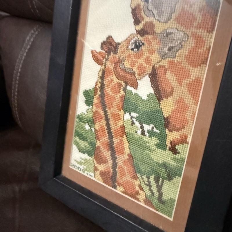 FRAMED CROSS STITCHED ART OF MOTHER AND BABY GIRAFFE 8x12 gallery