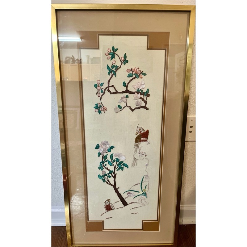Harris G. Strong Large Matted Framed Oriental Embroidery Needlepoint Tapestry