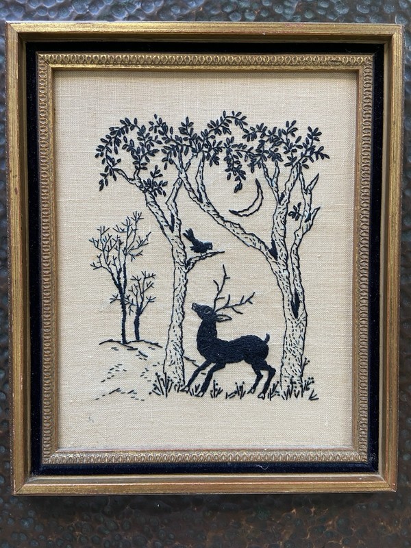 70s Vintage Magical Deer Elk Moon Woodland Creatures Embroidered Art