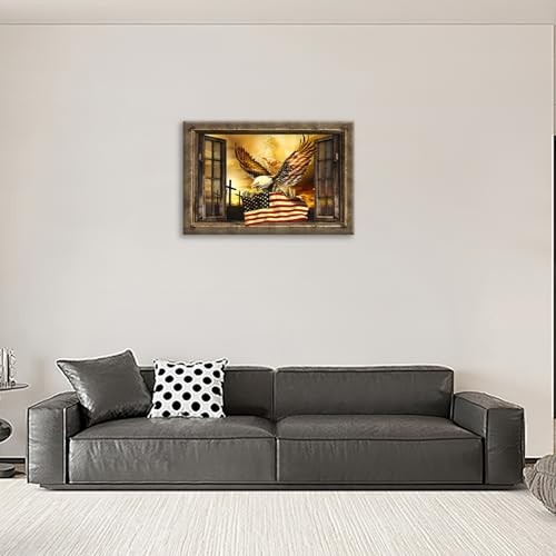 American Flag with Bald Eagle Wall Art Retro View of 16L" x 24W" window eagle gallery