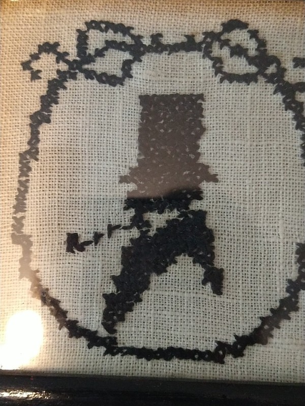 2 Early 1900 Crossstitch Of Top Hat Man And Woman, Note On Back, Antique gallery
