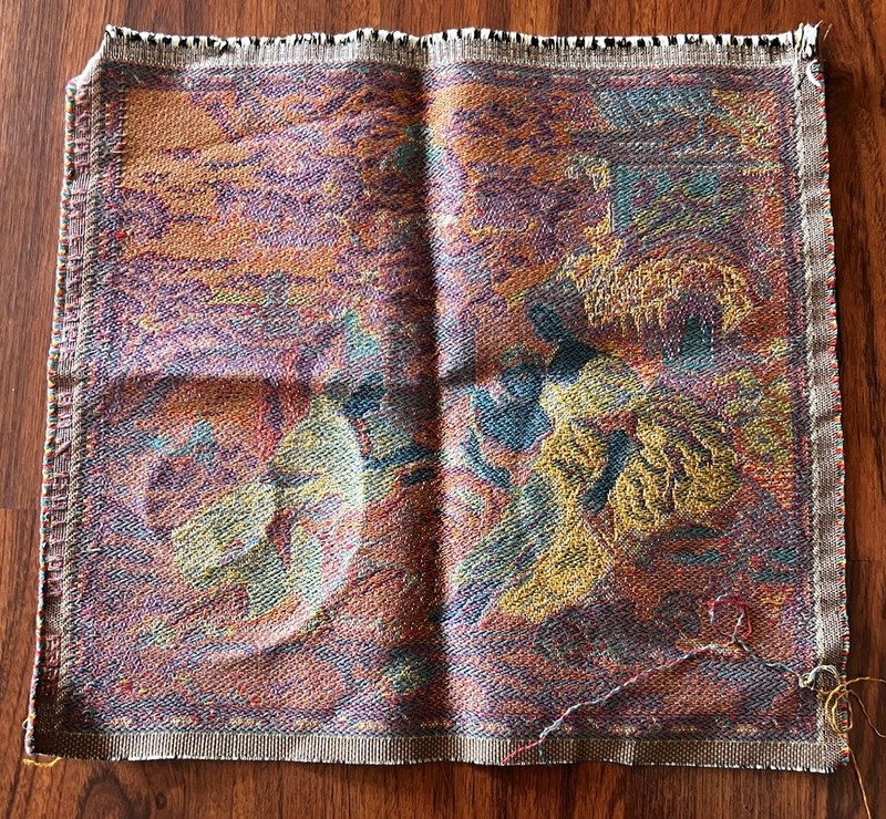 Vintage French Tapestry Square Seated Pastoral Man & Women France 80% Cotton gallery