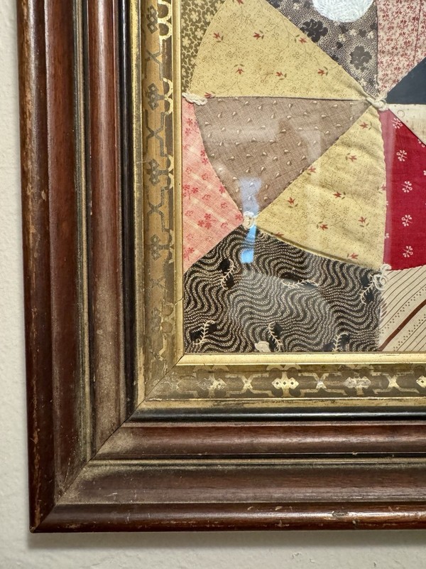 Antique 1800s Walnut Frame w/ Early 1900s Patchwork Quilt Square Textile Art gallery