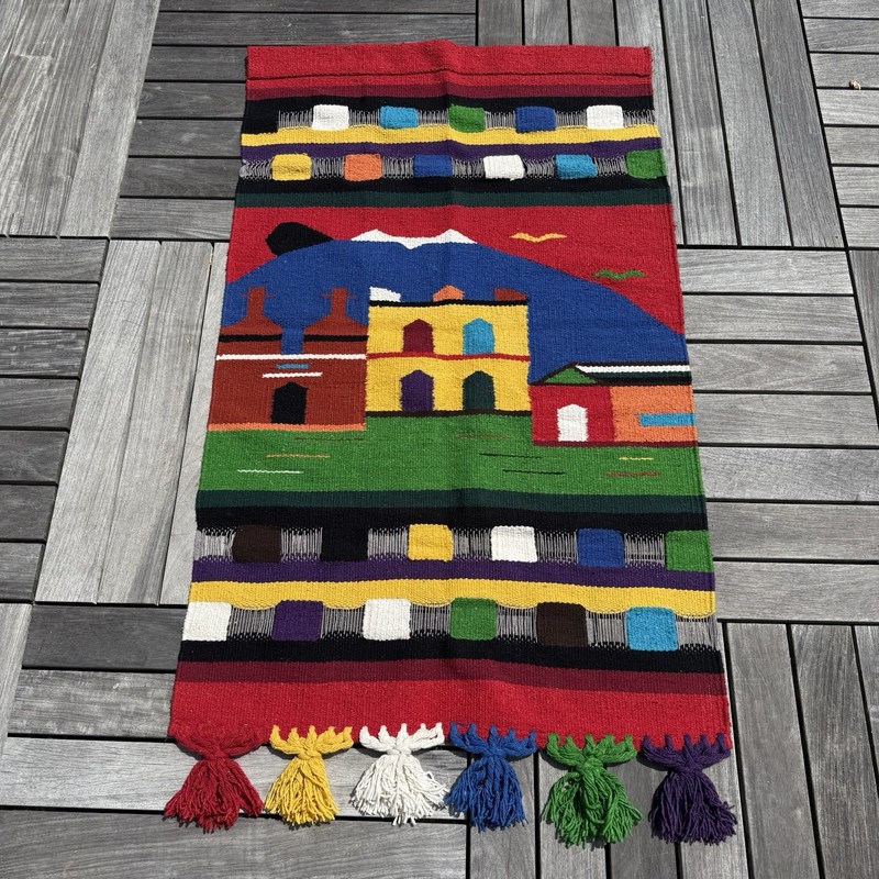 VTG Southwest Tapestry Woven Blanket Landscape Pueblo Mountains Colorful 48×29”