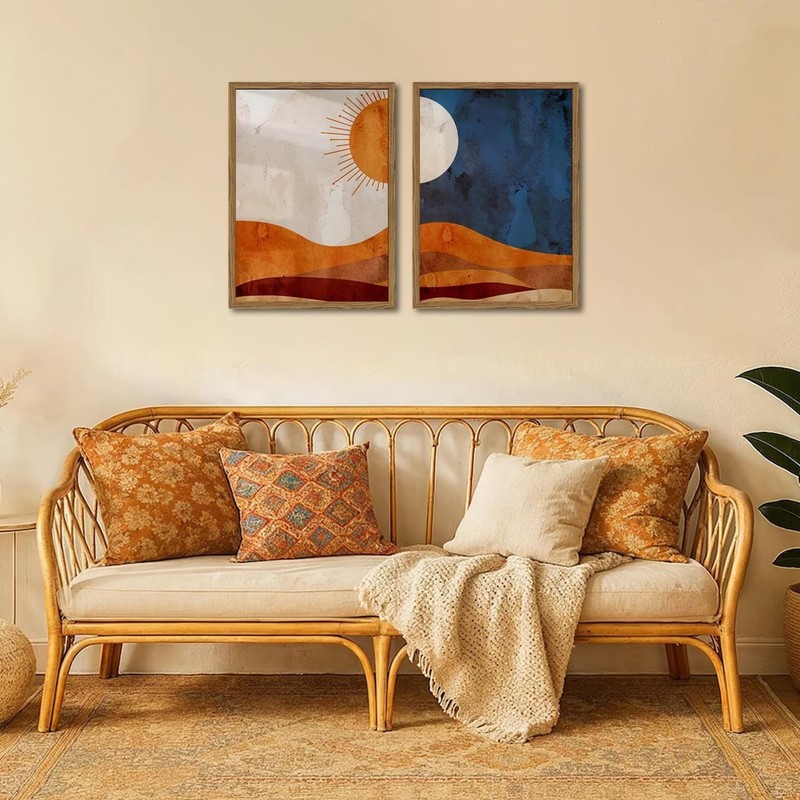 Framed Boho Sun and Moon Canvas Wall Art Set of 2, Vintage Western Desert Lan... gallery