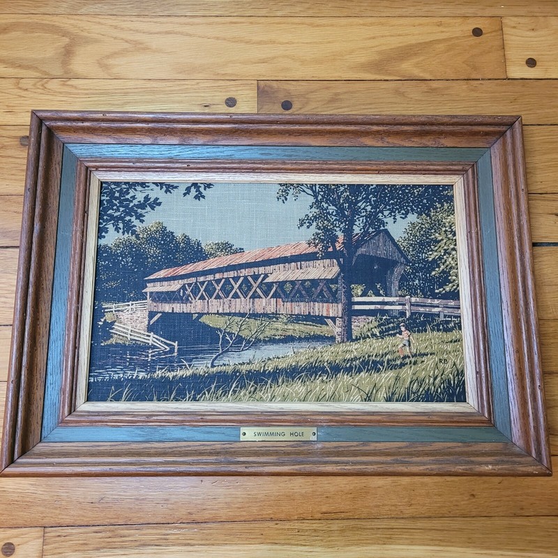 VINTAGE 14.5in X 20.5in SWIMMING HOLE COVERED BRIDGE KAY DEE LINEN PRINT