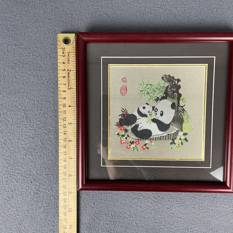 Chinese Silk Embroidery Panda Bears Framed Tapestry 9x9 Red Frame Art Animals gallery