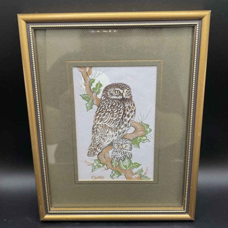 Cash Woven Silk Picture Little Owl Vintage Framed Cash’s
