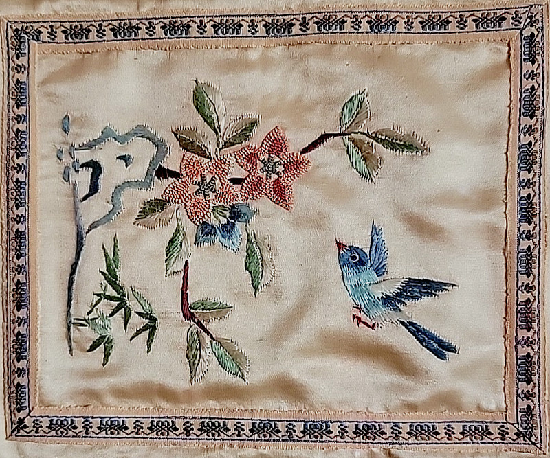 Asian Chinese silk Wall hanging needle point embroidery bird flower framed Vinta