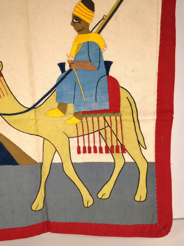 Vintage Khayamiya Egyptian Wall Hanging Hand Made Textile Art Camel Man gallery