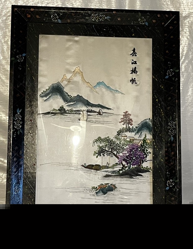 vtg Chinese Oriental Silk Needlepoint Art Signed Framed Houses Fishing Boats