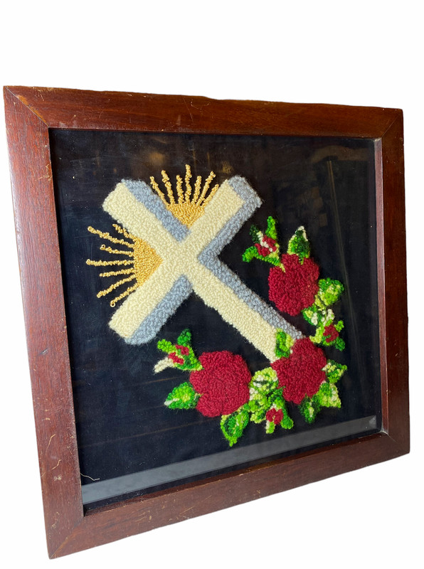 VTG German Stumpwork Plushwork Tufted Embroidery Cross and Red Roses On Point