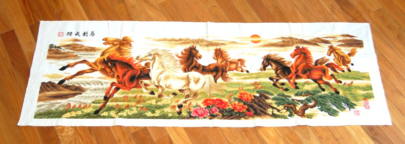 Vintage Hand Crafted Chinese Tapestry 8 Wild Horses 8′ x 2 1/2′ Success