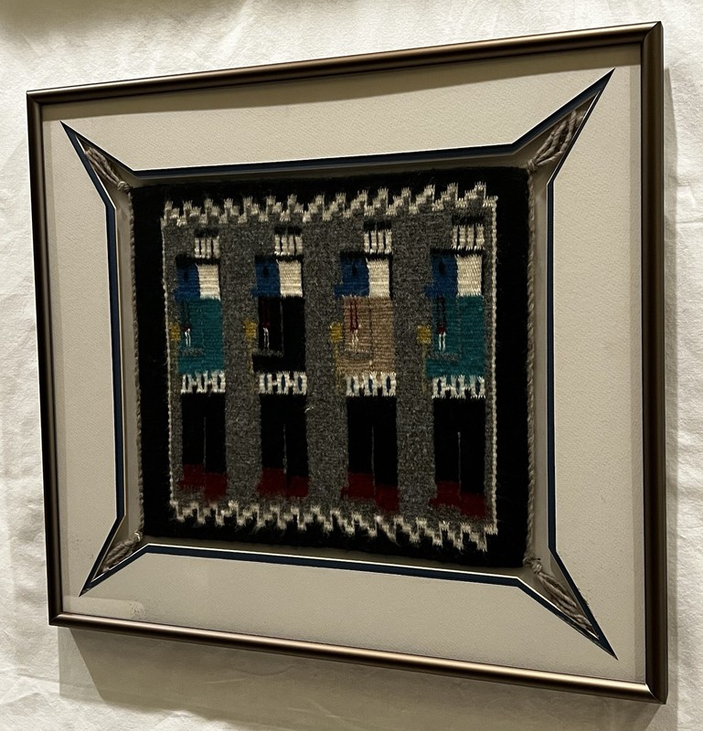 Vintage Navajo Style Yei 4 Figures Weaving Framed Rug