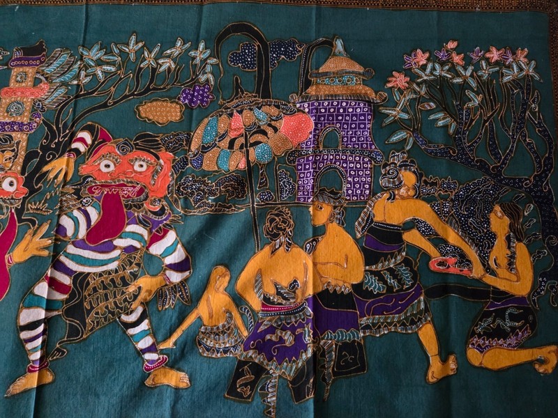 Asian textile tapestry runner 41" x 19.5" cotton blend Dragon masks gallery