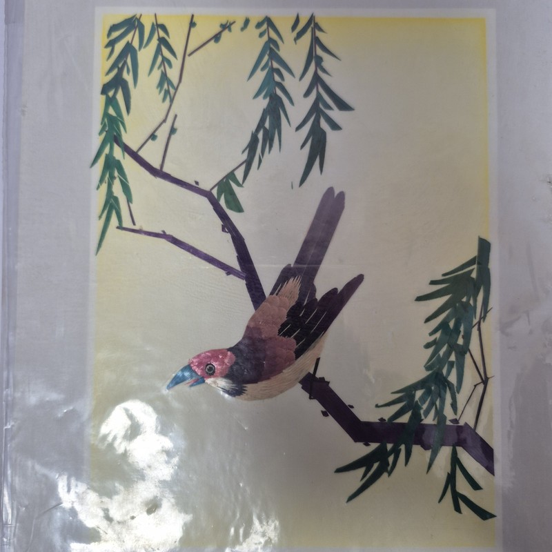 2 Vintage Asian Hand Cut Painted Wheat Stalk on Silk Bird Art Damaged 10" X 8" gallery