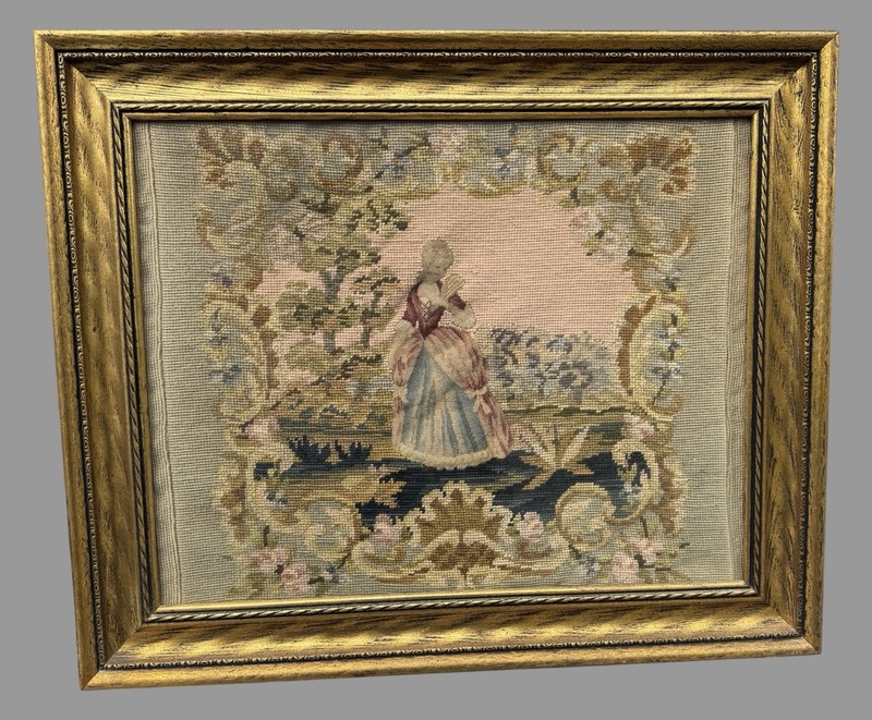 Antique Victorian Gilt Framed Scenic Landscape Needlepoint Tapestry with Girl gallery