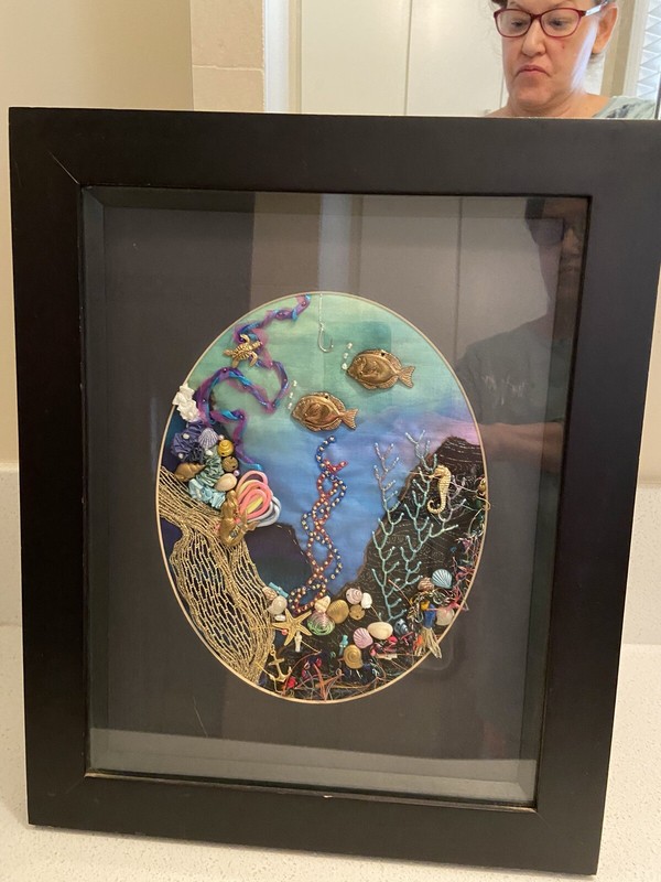 Matted/Framed 16.5x14.5x1 Handmade embellished Oceanscape embroidery Art Picture gallery